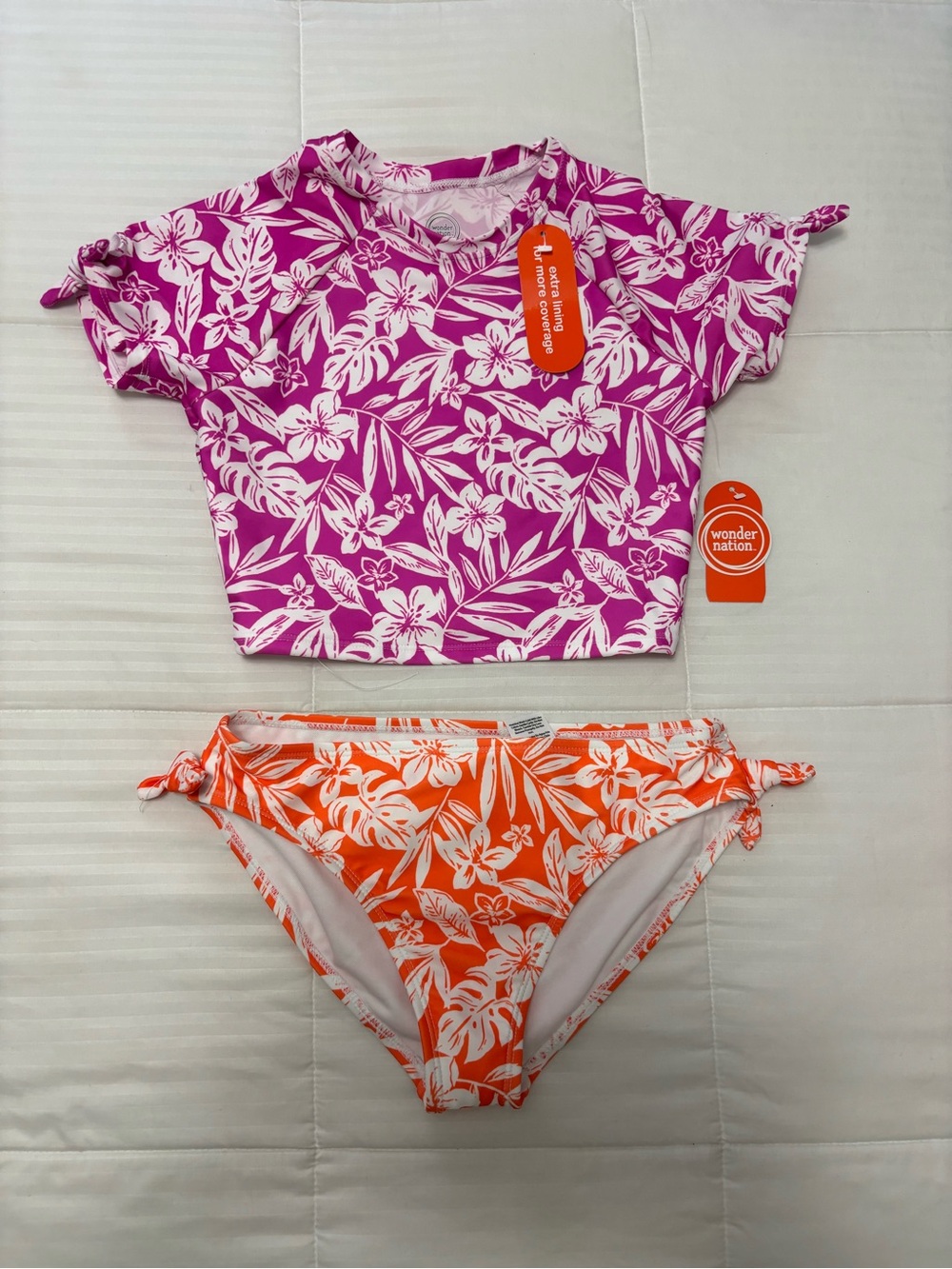wonder nation Purple Floral Rash Guard Top & Orange Floral Bikini Bottom Set